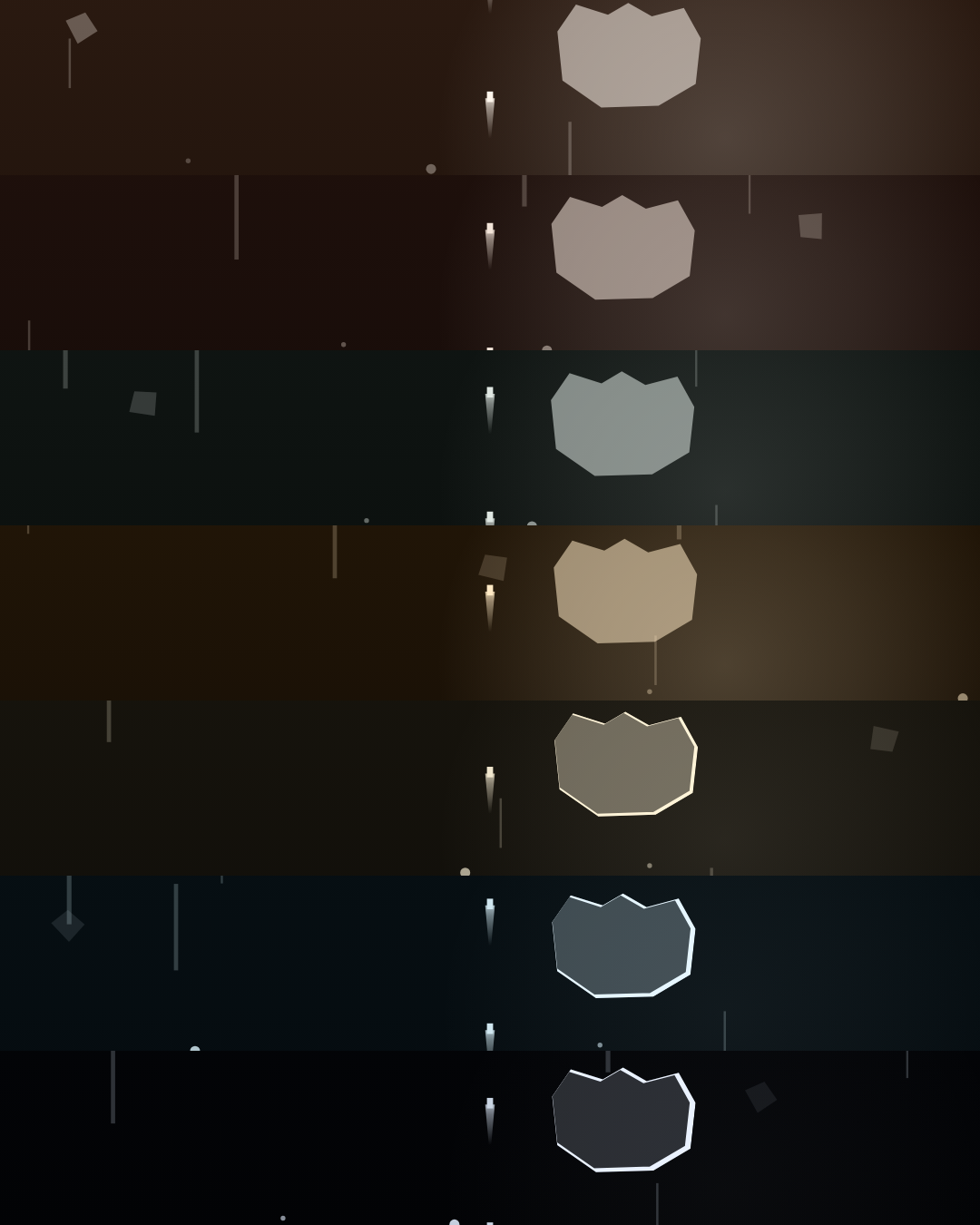 The same rock and the same ship rendered under all seven palettes, stacked from
the warm ochre of the first leg down to the near-black of Pluto. The background
loses its light going down; the stars gain theirs. On the last three the hull
picks up a bright edge.